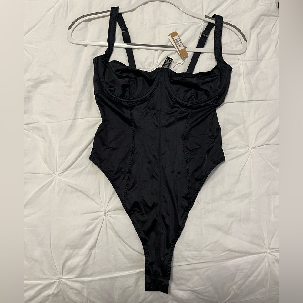 Skims Stretch Satin Bodysuit in Onyx